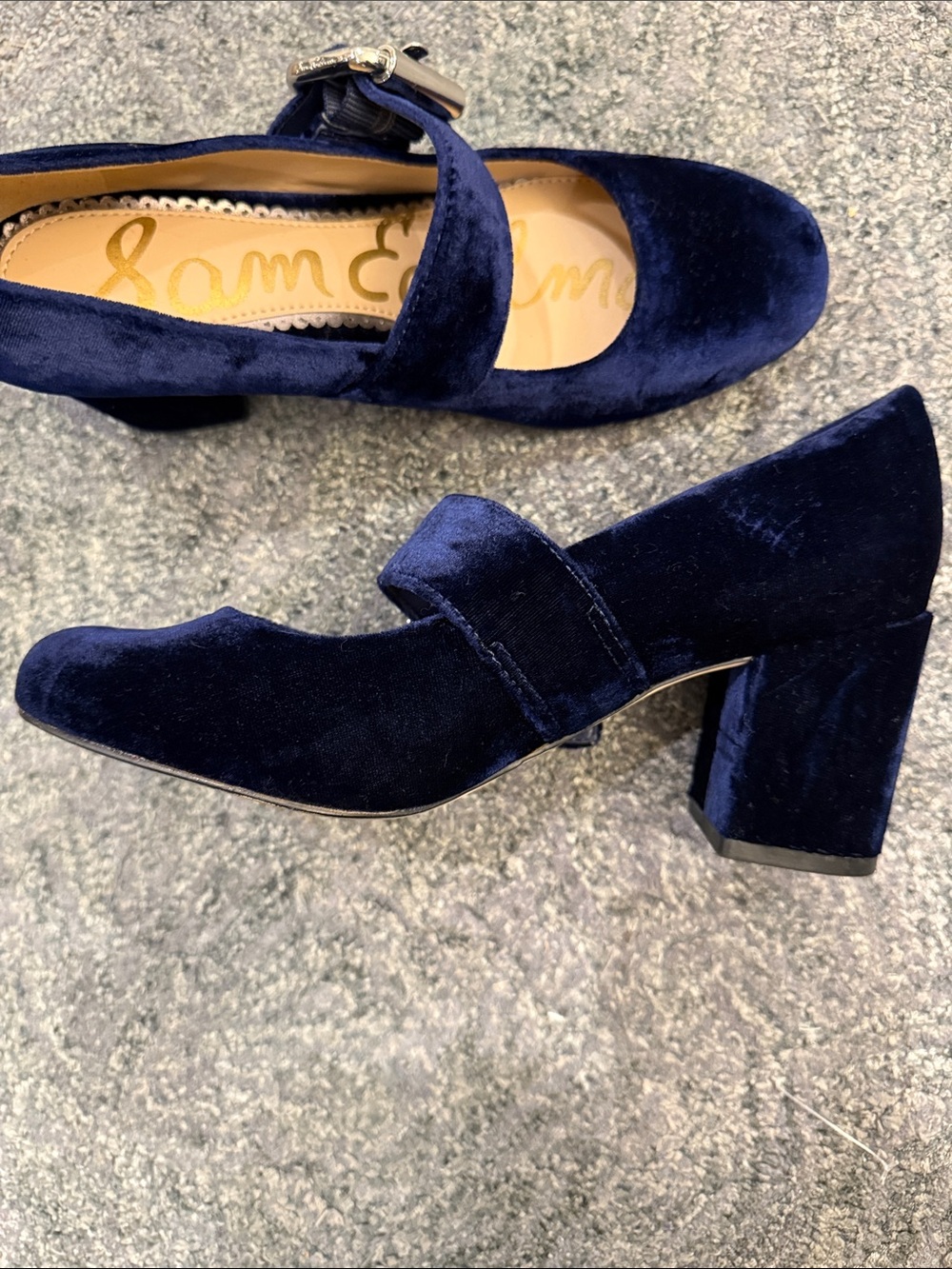 Sam Edelman Chessie Navy Blue Velvet Mary Jane Block Heels - Size 6M - Picture 8 of 9